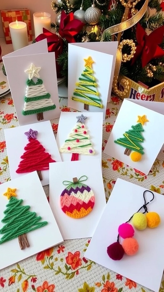 Handmade Christmas cards with yarn designs, including yarn-wrapped trees and pom-poms, displayed on a festive table.